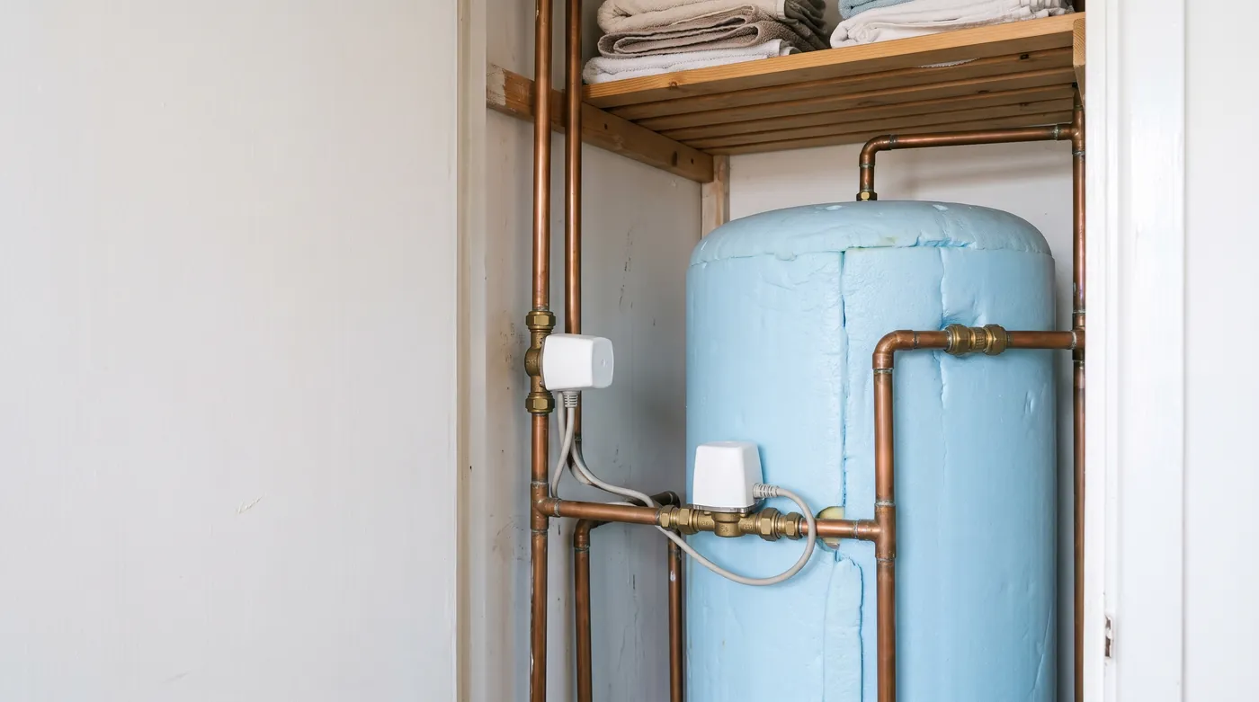 A tidy airing cupboard with a pale blue hot water cylinder, copper pipework and two motorised zone valves