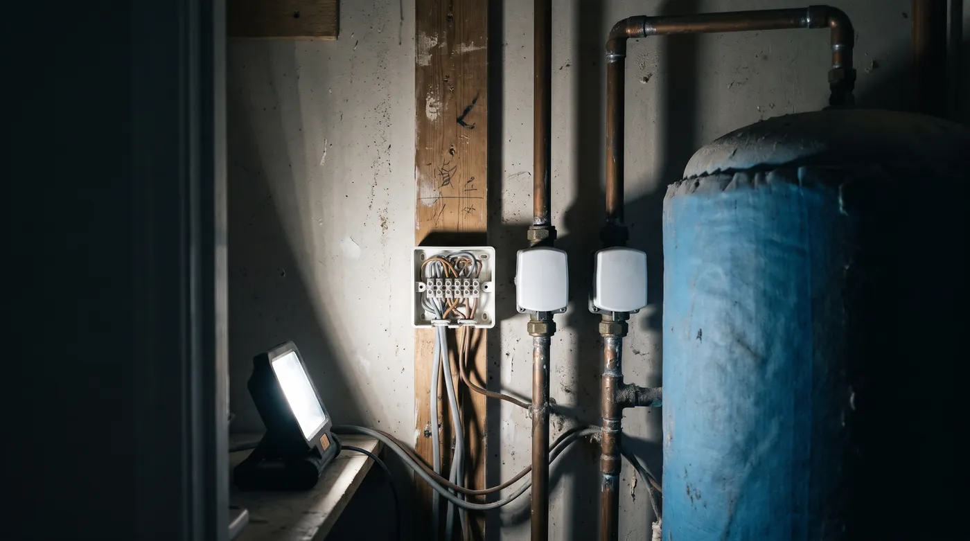 Motorised zone valves and a wiring centre beside a hot water cylinder in a dark airing cupboard, lit by a work light on the floor