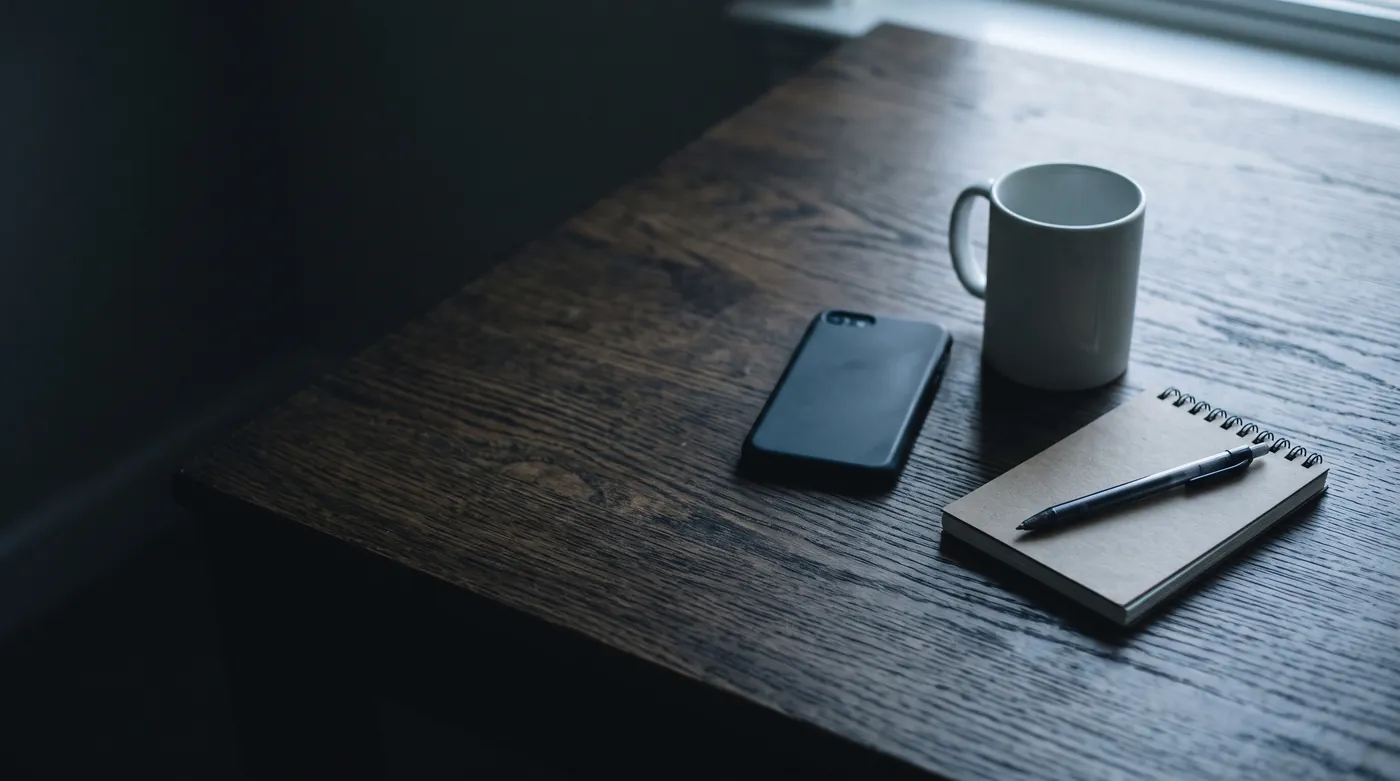 A phone, a white mug and a notebook with a pen on a dark oak desk in early morning light