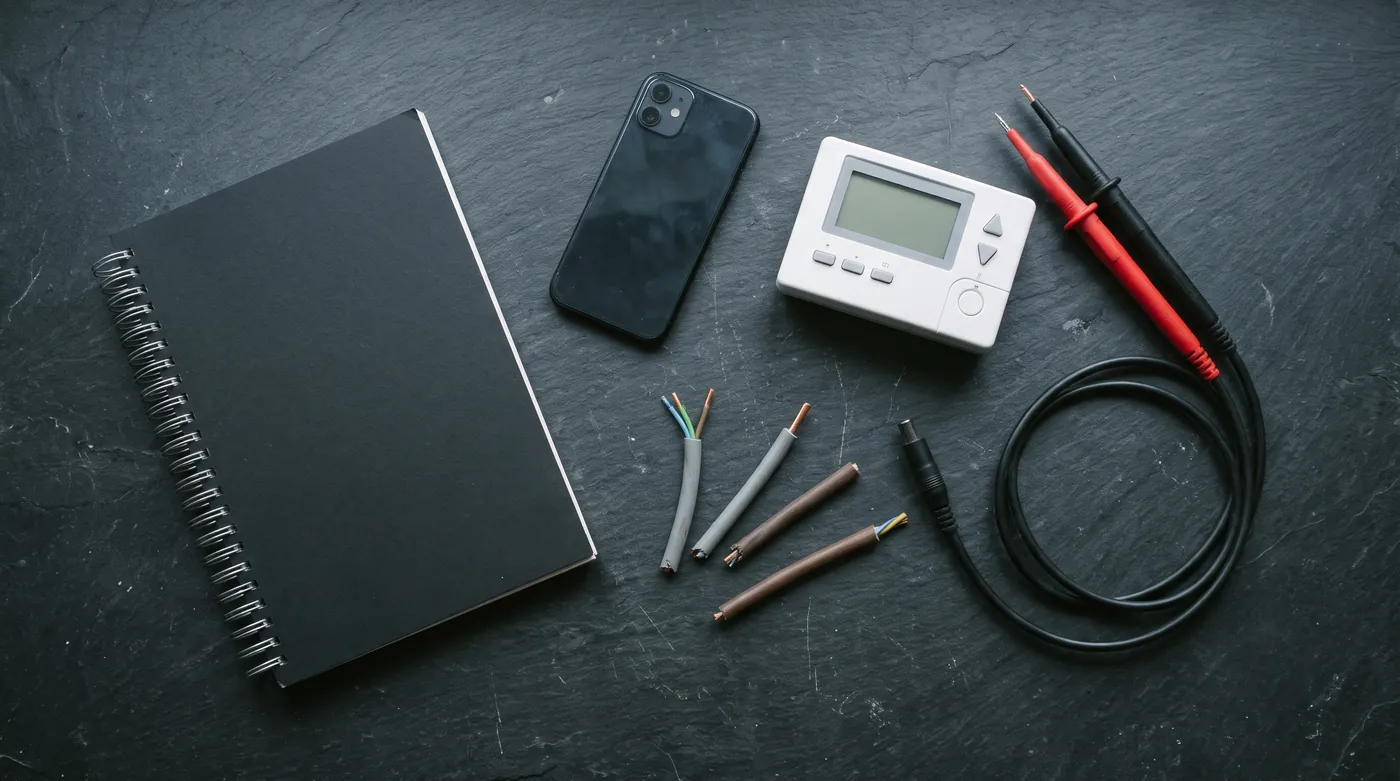 A wire-bound book, a smartphone, a heating programmer and a voltage indicator laid out on dark slate