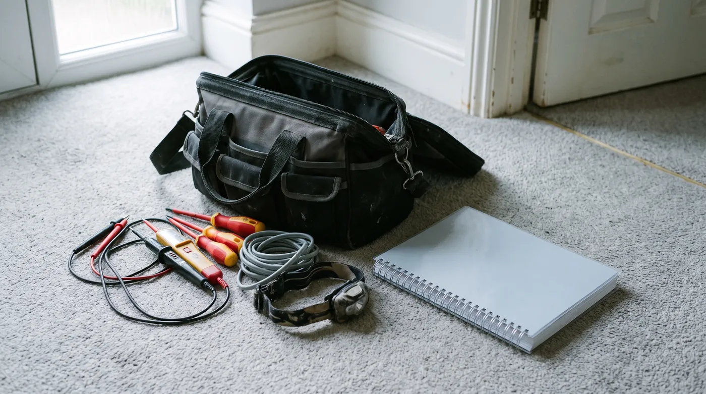 A wire-bound manual beside an open tool bag