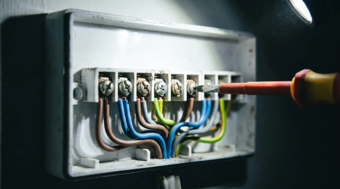 Conductors clamped into the screw terminals of an open wiring centre, with a screwdriver tip entering from the right