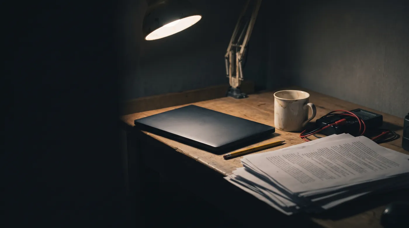 A desk at night under a lamp, with printed page proofs, a laptop, a mug and a multimeter